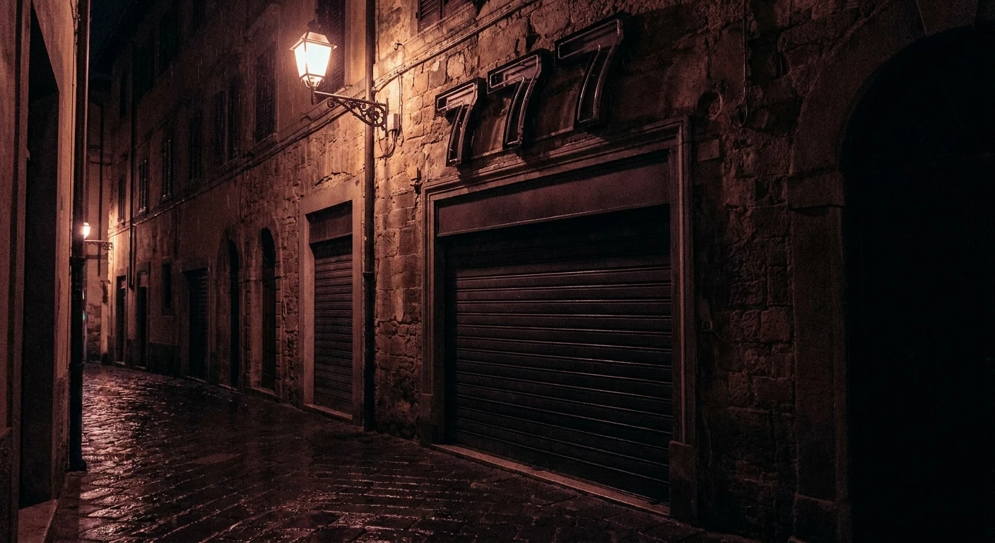 Vicolo italiano di notte con un'insegna a tre sette spenta sopra una saracinesca abbassata
